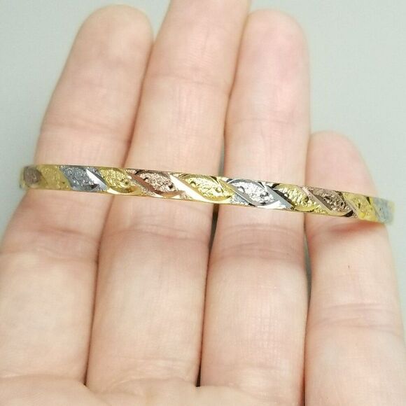 Vintage Gold Tone Skinny Bangle Bracelet, Simple Mixed Metal Tone Design, Estate - Picture 1 of 6